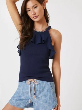 Anthropologie/Maeve Ruffled Rib Halter Tank Navy Womens Medium